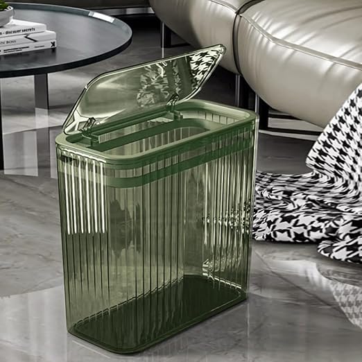 Transparent Trash Can, Bathroom Trash Cans with Lids, 3.5 Gallon Garbage Can for Bedroom, Office, Plastic Slim Waste Basket with Press Top Lid, 15L Clear Trash Bin for Home, Kitchen (Green)