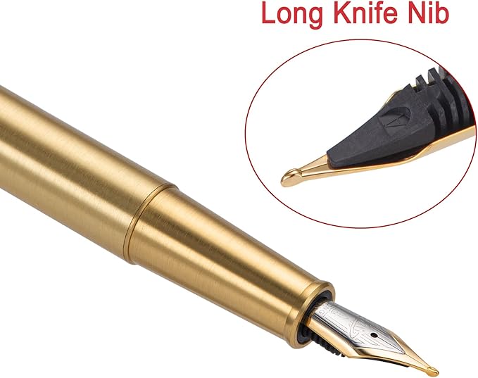 Hongdian 1861 Brass Fountain Pen Long Blade Nib, Classic Design Smooth Writing Pen with Converter and Metal Pen Case Set
