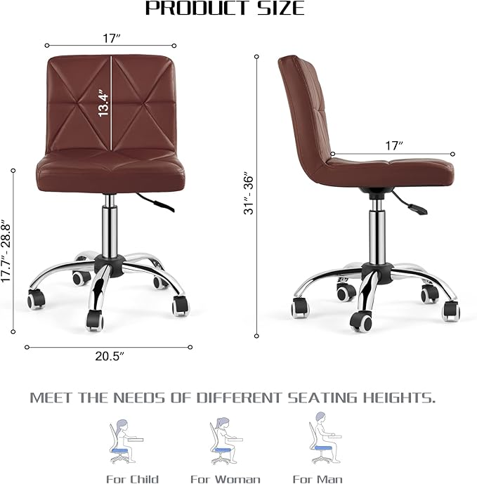 COSVALVE Armless Desk Chair, Mid Back 360 Swivel Office Chair, Height Adjustable Executive Conference Task Chair with Rolling Wheels and Diamond Pattern for Home Bedroom Computer Barber, Brown