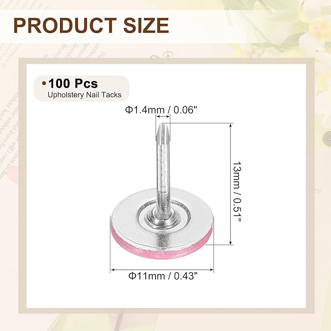 uxcell 100Pcs Upholstery Tacks, 11mmx13mm Flat Head Thumb Tack Decorative Furniture Nails Push Pins for Furniture Sofa Headboards, Pink