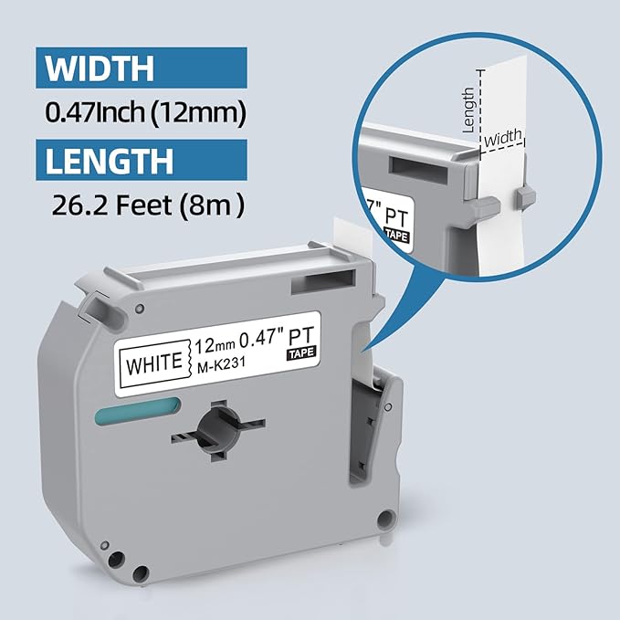 Compatible with Brother P Touch M Tape M-K231 K231s M231 MK-231 MK231 12mm 0.47'' White Label Maker Tape,Replacement for Brother PTouch PT-M95 PT-85 PT-75 PT-65 Label Makers