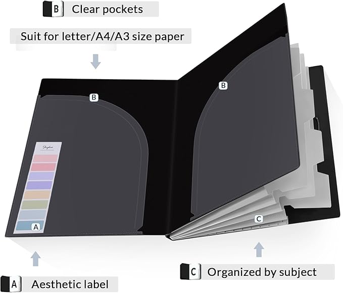 SKYDUE Accordion File Organizer, 5 Pocket Expanding File Folders with Pockets, Document Organizer, Portable Paper Organizer，School Office Supplies Black