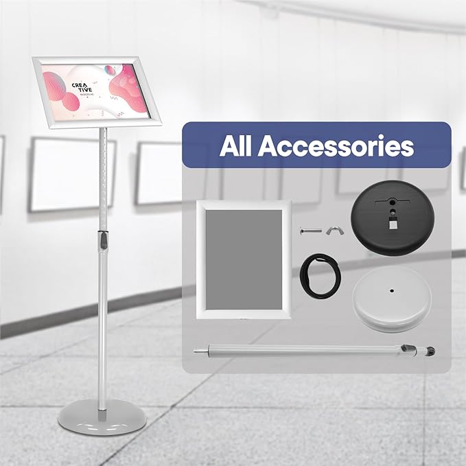 SENZHIYI Adjustable Poster Stand Holder Heavy Duty Snap Open Aluminum Pedestal Floor Standing Sign Holder Vertical and Horizontal View Sign Displayed (Silver, 11x17inches)