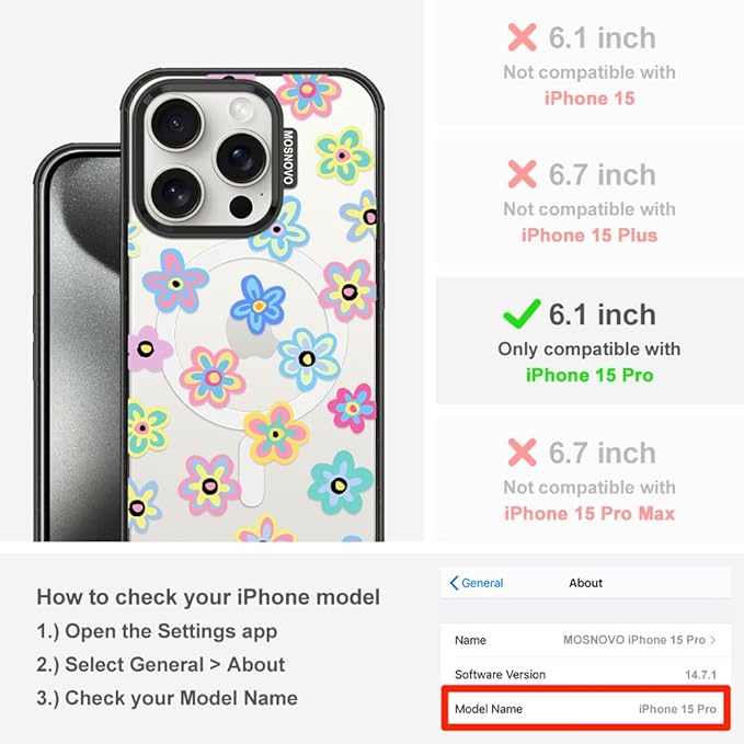 MOSNOVO Magnetic Case for iPhone 15 Pro, 10ft Military-Grade Protection, Compatible with Magsafe, Shockproof Phone Case for iPhone 15 Pro - Groovy Flower - Clear Black
