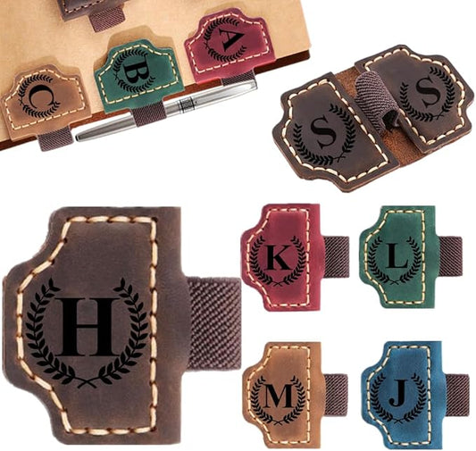 Custom Bookmark with Pen Holder with 26 Letters Personalized Magnetic Leather Book Mark, Customized Name Book Marker Clip with Initial for Men Women, Gifts for Book Lovers, Readers, (Coffee, H)