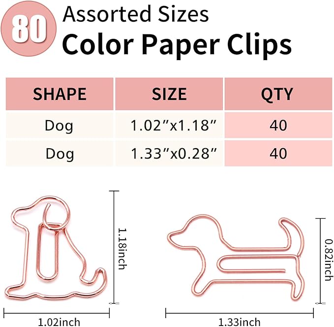 80 Pcs Rose Gold Dog Creative Metal Paper Clips - Fun Office Supplies for Dog Lovers (Rose Gold Dog)