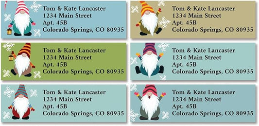Christmas Gnomes Personalized Return Address Labels – 6 Designs, Set of 240, Small, Self-Adhesive, Flat-Sheet Labels, by Colorful Images