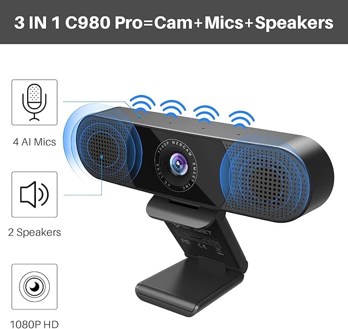 EMEET 3 in 1 Webcam - 1080P Webcam with Microphone and Speakers, Noise Reduction, Auto Low Light Correction W/Cover, C980 Pro USB Camera Web cam 60°-98° for Video Conferencing Streaming/Gaming/Class