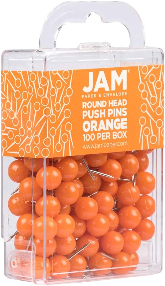 JAM PAPER Colorful Push Pins - Round Head Map Thumb Tacks - Orange Pushpins - 100/Pack