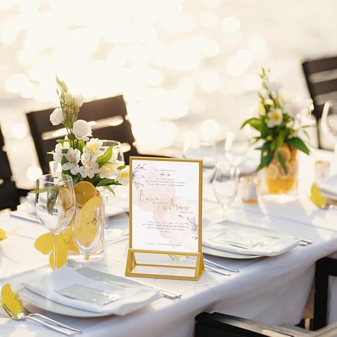 Acrylic Sign Holder 5X7 Gold Picture Frame,Double Sided Clear Display Stand , Table Acrylic Stand for Home Office Shop Restaurant (4pcs)