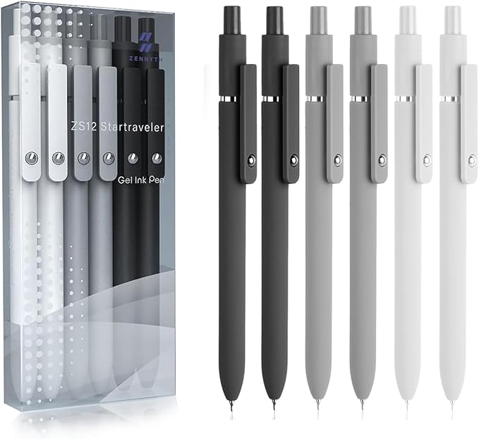 6 Pcs Gel Pens,0.5mm Fine Point Black Ink Pens With Smooth Writing,Aesthetic Pens for School & Office Supplies(Black Gray White)
