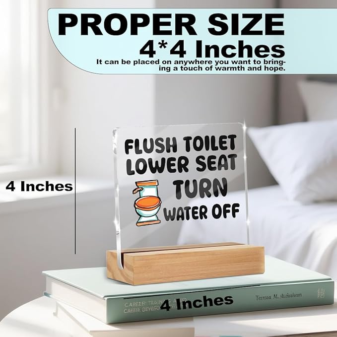 Rustic Funny Bathroom Decor Sign, Humor Restroom Acrylic Sign With Wooden Stand for Farmhouse Home Decor, Christmas Birthday Gifts