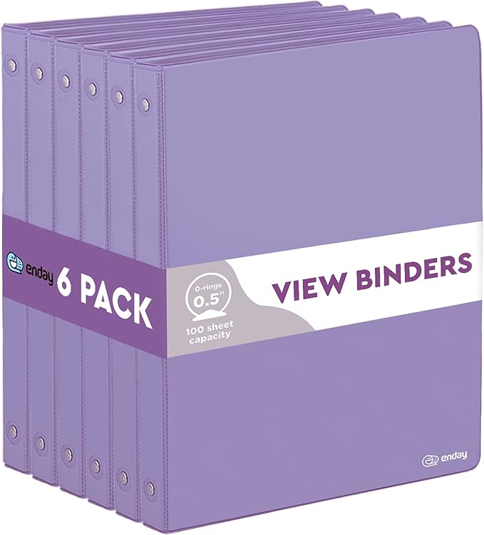 ½ Inch 3 Ring Binder Purple, .5 Inch Round Ring Clear View Cover with 2 Inside Pockets Binders, Colored School Supplies Binders, Also Available in Pink, Red, Green, Blue, and Grey (6 PC) – by Enday