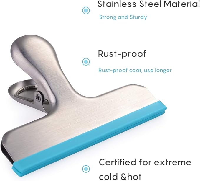 HOUSE AGAIN 12 Pack Stainless Steel Chip Bag Clips Covered with Silicone - NO More Sharp Edges - Color Coded for Food Bags - Air Tight Seal, Heavy Duty for Kitchen and Office, 3 Inches