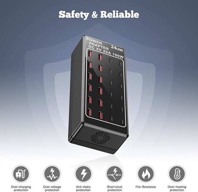 USB C Charging Station, USB Charger Station Block, 24-Port 100W (20A) Charging Block, Charging Station for Multiple Devices USB Wall Charger Power Hub,Compatible Samsung S24/iPhone/Google