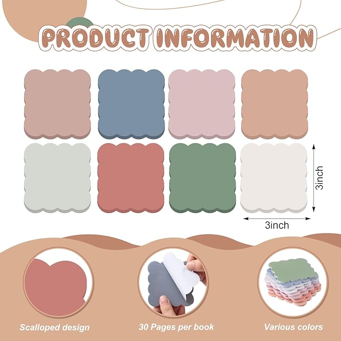 Eaasty 8 Pack Scalloped Sticky Notes Bulk Christmas Cute Self Sticky Note Pads Multi Color Bright Vintage Note Pads or School Office Supplies 240 Sheet (3" X 3",Vintage Color)