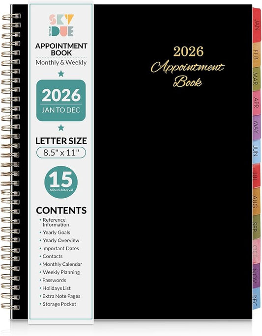 SKYDUE 2026 Appointment Book, 8.5" x 11", Hourly Planner with 15 & 30-Minute Increments, Weekly & Monthly Planner for January - December 2026, Perfect for Daily Planning, Black