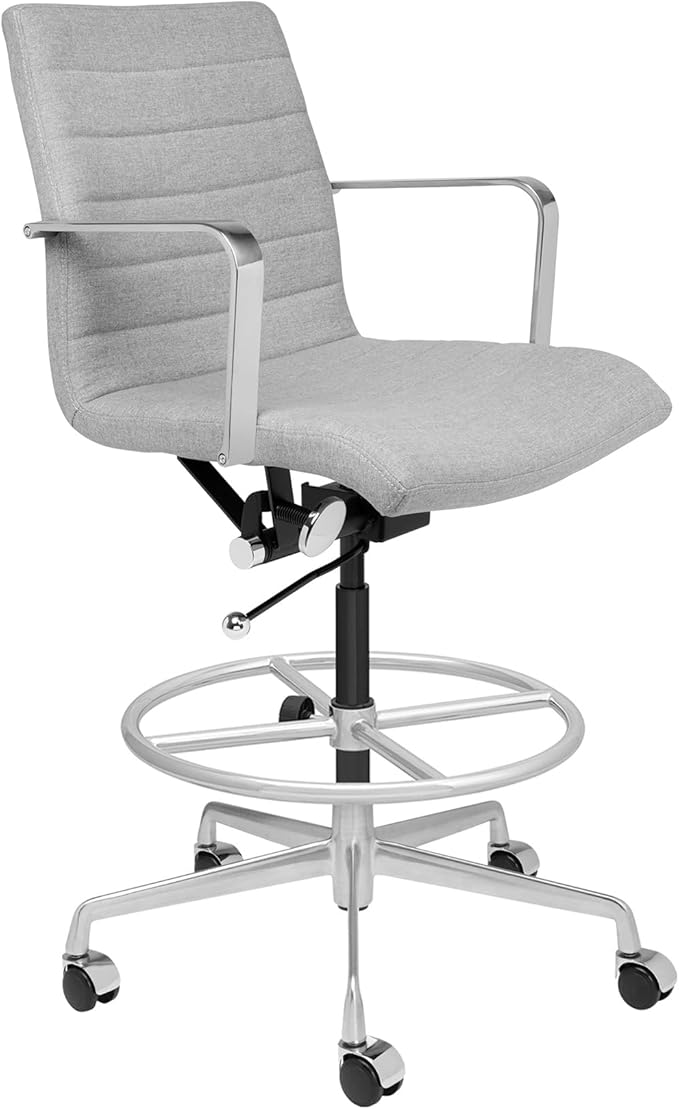 Laura Davidson Furniture SOHO II Ribbed Drafting Chair for Standing Desks, Standing Desk Chair - Ergonomically Designed, Draft Height, Arm Rest & Cushion, Made of Poly-Cotton Fabric, Grey Fabric