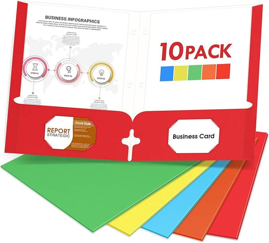 Folders with Pockets, 2 Paper Folders with Pockets (10 Pack, Assorted Colors), File Folders Letter Size, 3 Hole Punched with Business Card Slot, File Folders for School Office Home Documents