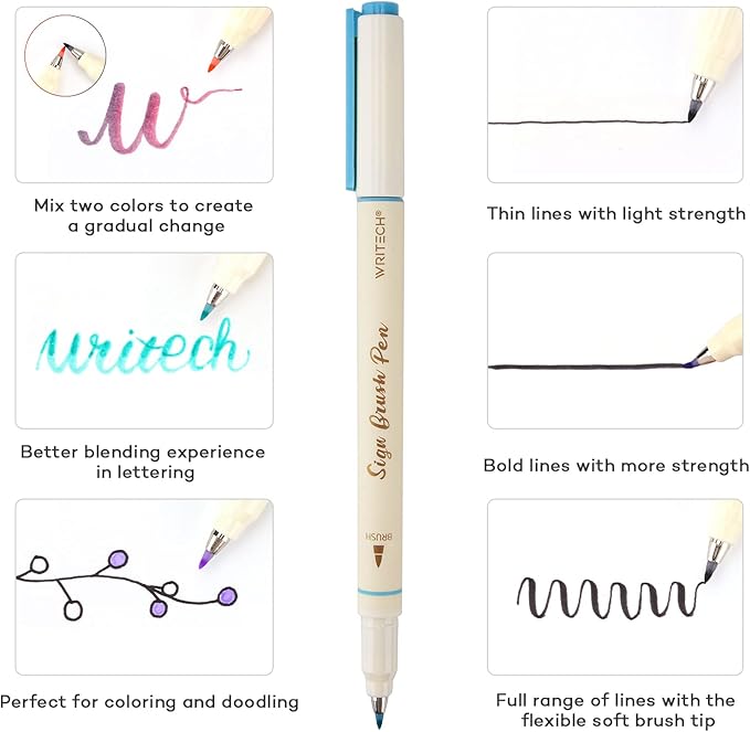 WRITECH Arts Sign Brush Pen Brush Tip Marker Felt Tip Water Based Ink Color Pens 12 Assorted Vintage Colors Great for Lettering Journaling Calligraphy (Vintage)