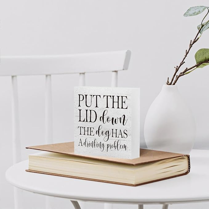mmiishe Put the Lid Down the Dog Has a Drinking Problem Wooden Box Sign Decorative Funny Bathroom Wood Box Sign Home Decor Rustic Farmhouse Square Desk Decor Sign for Shelf 5 x 5 Inches
