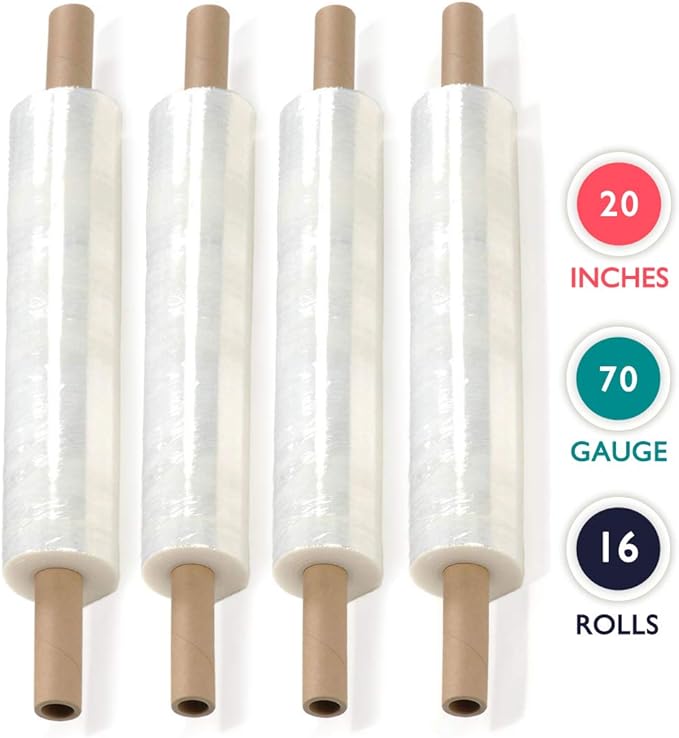 PackageZoom 20 inch x 1000 Feet Stretch Wrap Extended Core Handle, Clear Stretch Film, 16 Rolls