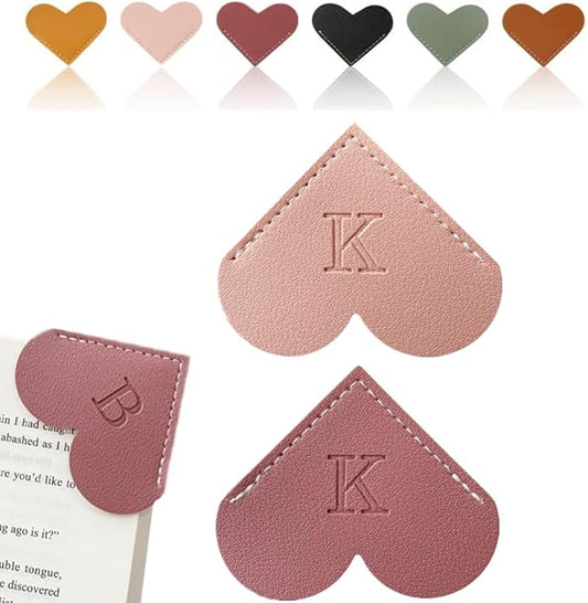Personalized Leather Heart Bookmark, 26 Letters Customized Corner Book Mark for Reading Women, Book Marker with Initials，Cute Gifts (Light Pink+Deep Pink, K)