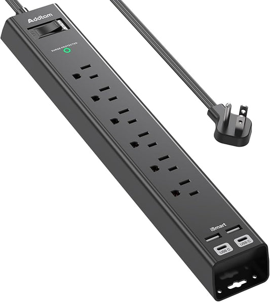 6Ft Power Strip Surge Protector - Addtam Extension Cord with 6 AC Outlets and 4 USB (2 USB-C) Ports, 1875W/15A, Wall Mount, Multi Plug Outlet Extender for Home Office College Dorm Room Essentials