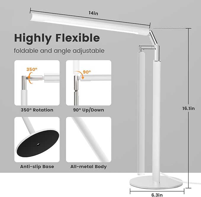White LED Desk Lamp - Foldable Industrial Desk Light for Home Office, 15W Dimmable Table Lamp for Reading with Base, 4 Color Temps, 16" Eye Caring Metal Desktop Task Lamp for College Dorm Study