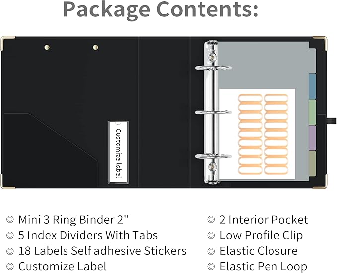 Ospelelf Mini 3 Ring Binder 2 Inch With 5 Tab Dividers, File Folder Labels and Low Profile Clipboards - Cute Black for 5.5" x 8.5" School and Office Supplies