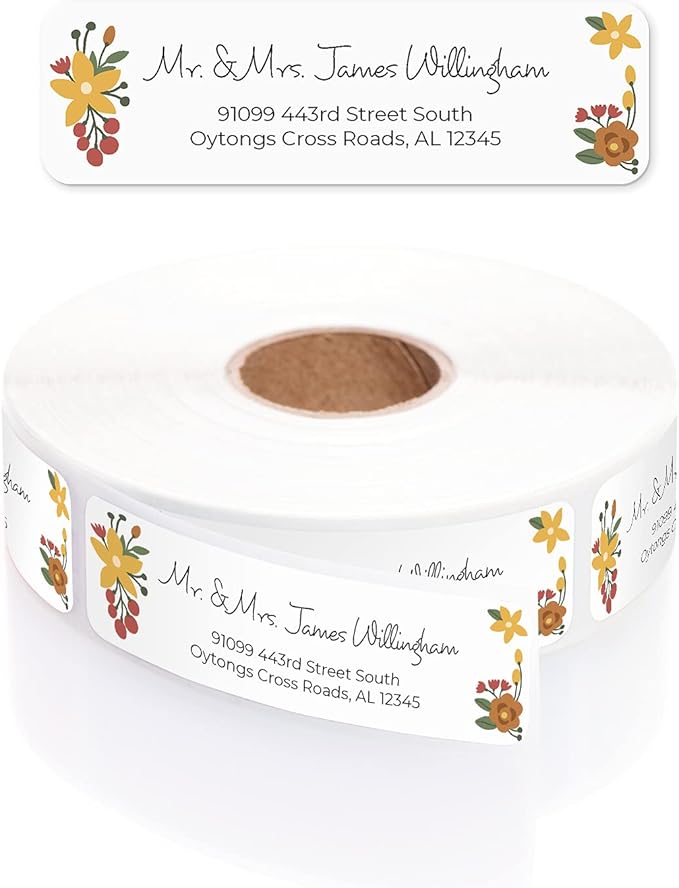 Retro Floral Rolled Address Labels/Roll of 500 Personalized Return Address Labels/Designer Return Address Stickers in Elegant Plastic Dispenser