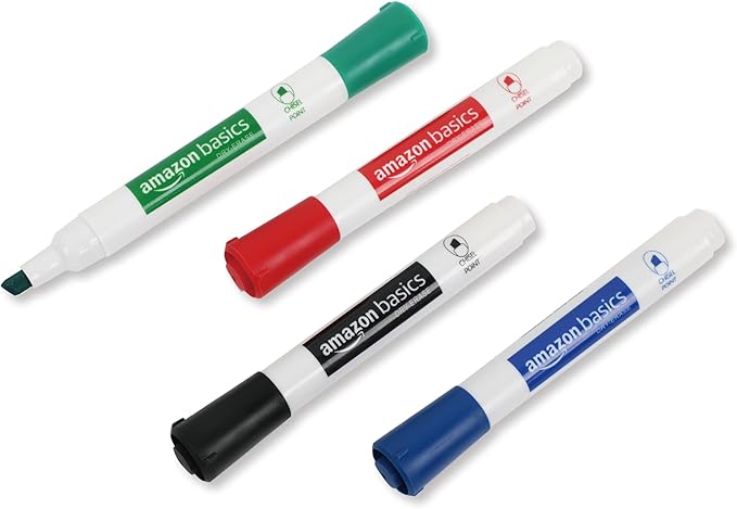 Amazon Basics Low-Odor Chisel Tip Dry Erase Whiteboard Marker, Pack of 4, Black, Red, Green, Blue