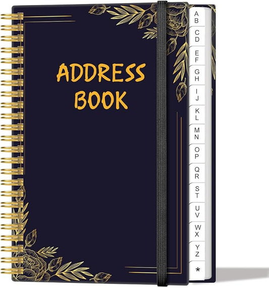 Address Book with Alphabetical Tabs - Small Address Book Spiral with Address Contacts, Special Date, Phone, Birthday & Internet Login Password for Home and Office, 4.3" x 6.2", Black Flower