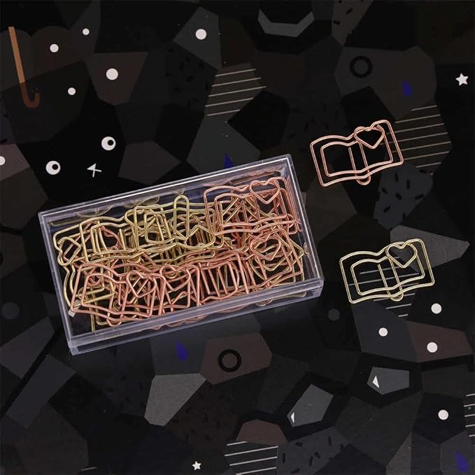 OWLFAVO 40pcs Book Shape Paper Clips with Clear Box, Rose Gold and Yellow Gold, Funny Cute Paperclips Bookmarks Planner Clips for Fun Office Supplies School Gifts Wedding Decoration