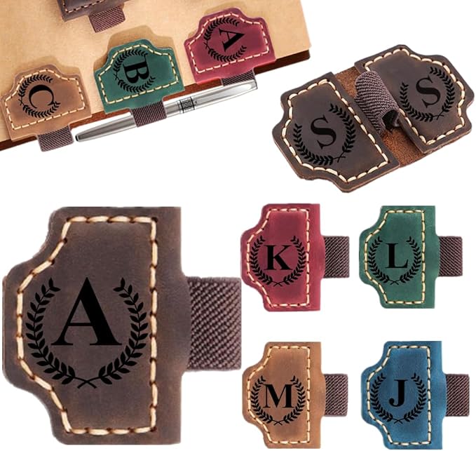 Custom Bookmark with Pen Holder with 26 Letters Personalized Magnetic Leather Book Mark, Customized Name Book Marker Clip with Initial for Men Women, Gifts for Book Lovers, Readers, (Coffee, A)