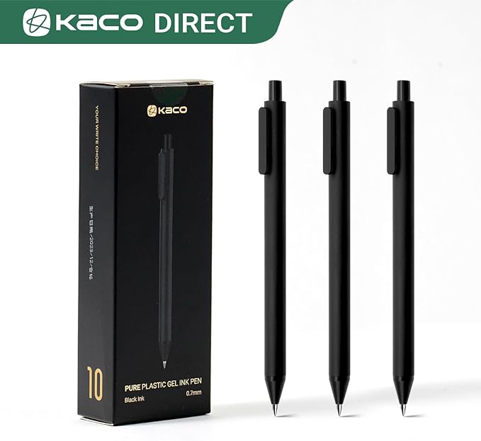 Kaco PURE Gel Pens Black Ink 0.7 mm Medium Point, 10 Pieces Set, Original Design, Quick Drying Aesthetic Note Taking Pens Office Supplies Cute Stationery (10 Black)