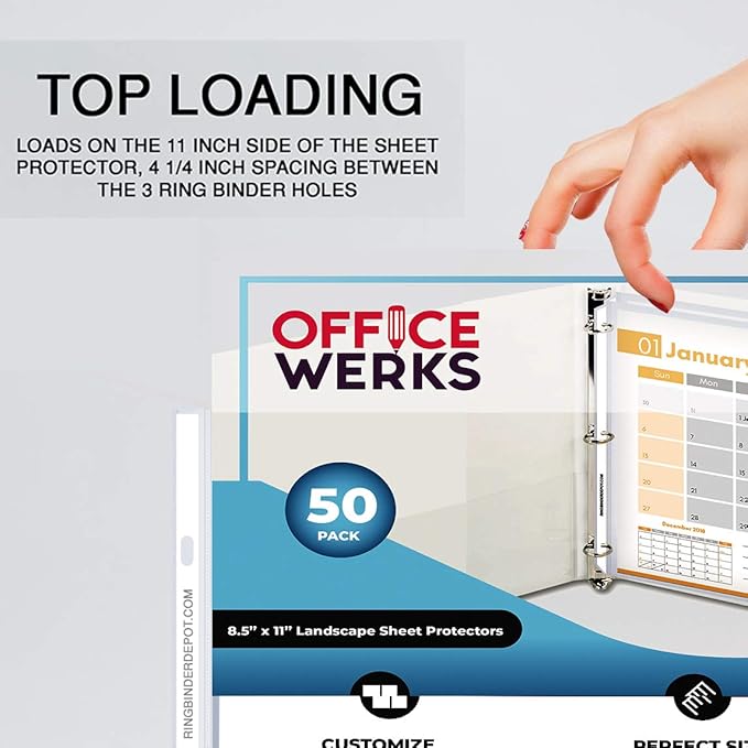 Performore 50 Sheet Protectors, Landscape Clear Sheet Protectors 8.5 X 11 Inch for 3 Ring Binder, Plastic Sheet Sleeves, Top Loading with 3 Hole-Punched Archival Safe, Non-Stick and Long-Lasting