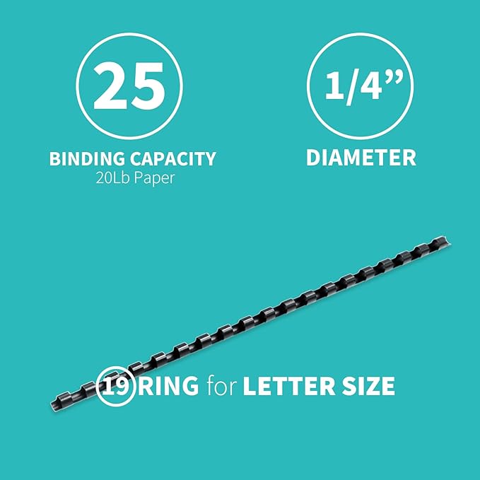 Binditek 200 Pack Plastic Binding Comb Spines, 1/4 Inch Diameter, 25 Sheet Capacity, for Letter Size, Black, for Students and Coworkers