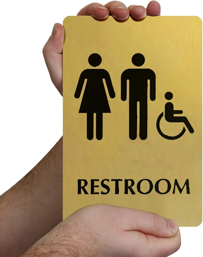 SmartSign 6 x 9 inch Unisex Restroom Sign with Men/Women/Handicap Accessible Wheelchair Pictograms, 40 mil Brass Metal, Engraved, Door/Wall Mount Bathroom Sign, Gold and Black