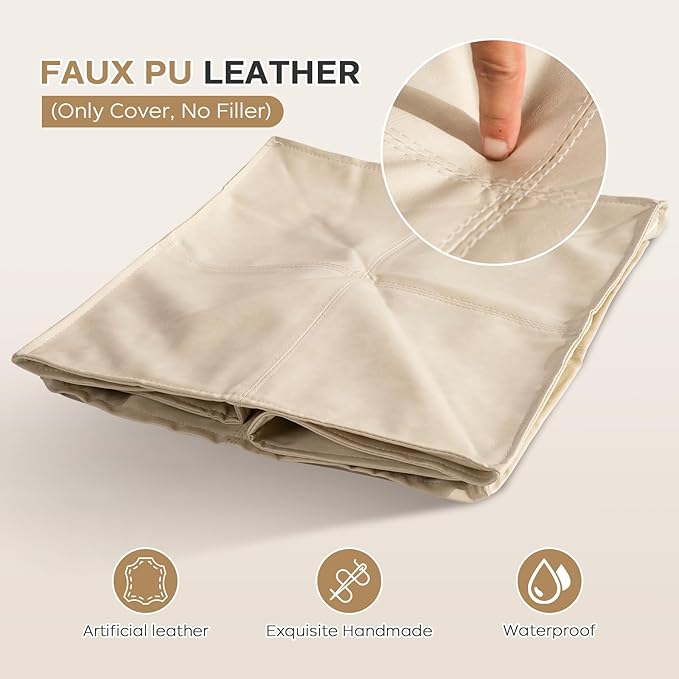 17.7" Square Unstuffed Pouf Ottoman Cover, Pu Leather Poufs Cube Foot Stool Poofy Ottomans Footrest, Decorative Casual Footstool for Living Room, Perfect to Rest Your Feet, Only Cover No Filler, Beige