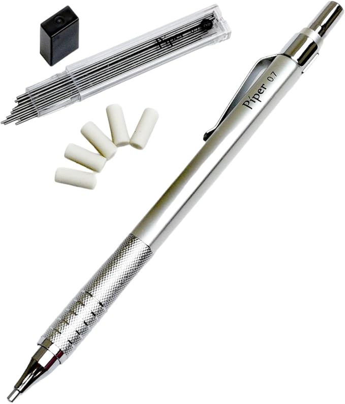 PIPER Quadrata Metal Mechanical Pencil 0.7mm with Erasers and HB #2 Lead Refills for Art, Sketching, Writing, Drafting (BluVerde)