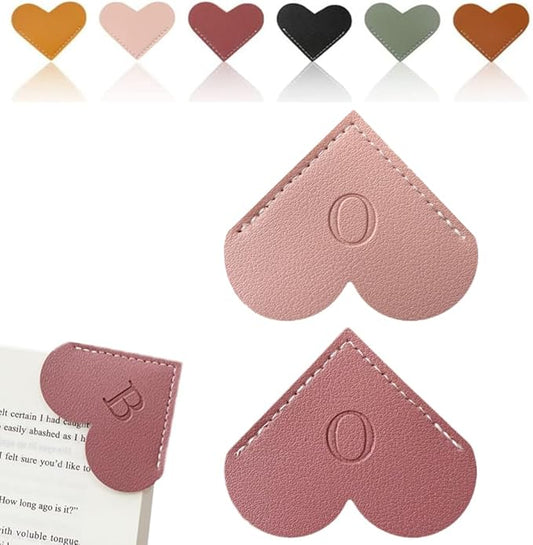 Personalized Leather Heart Bookmark, 26 Letters Customized Corner Book Mark for Reading Women, Book Marker with Initials，Cute Gifts (Light Pink+Deep Pink, O)