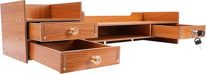 Computer Monitor Stand, Tabletop Computer Rack Wood Monitor Stand Ergonomic Computer Riser Multi Compartment Desk Organizer with 3 Storage Drawers & 2 Keys for Study Office Home