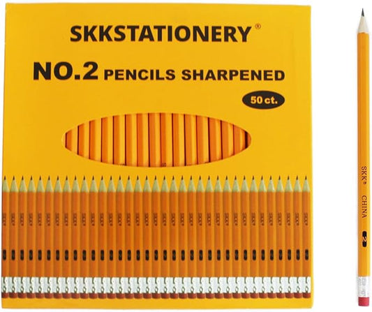 SKKSTATIONERY 50 Pcs Pre-sharpened pencils, Pencils Sharpened with eraser top, #2 HB pencil, Back to school, 50/box