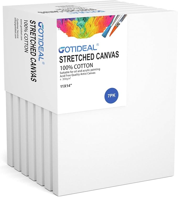 GOTIDEAL Stretched Canvas, 11x14 Inch Set of 7, Primed White - 100% Cotton Artist Canvas Boards for Painting, Acrylic Pouring, Oil Paint Dry & Wet Art Media