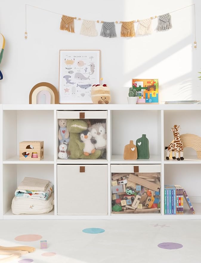 StorageWorks 13x13 Storage Cubes, Closet Storage Bins with Clear Window, Large Fabric Organizer for Clothes, Collapsible Storage Baskets with PU Handles, Beige, 3-Pack