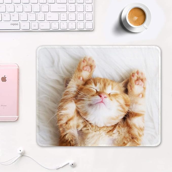 Auhoahsil Mouse Pad, 12 x 10 in Cute Cat Theme Computer Mouse Pad for Desk, Premium-Textured Non-Slip Rubber Stitched Edges Waterproof Square Mouse Mat for Gaming Work Wireless Mice, White