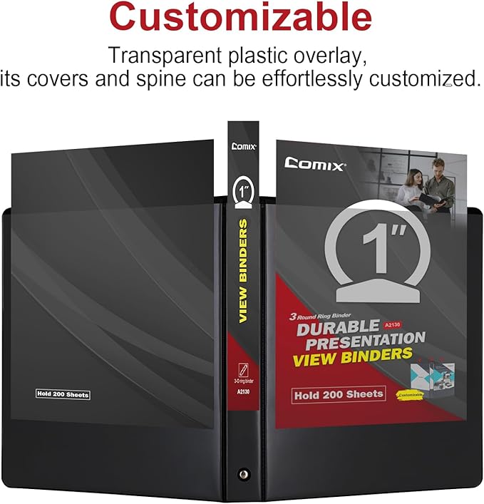 COMIX Sturdy 3 Ring Binder 1 inch with Clear View Cover, 1" Round Ring View Binder, PVC-Free, 200 Sheets Capacity of US Letter Size Paper, Office ＆ School Supplies, 8 Pack (Black)