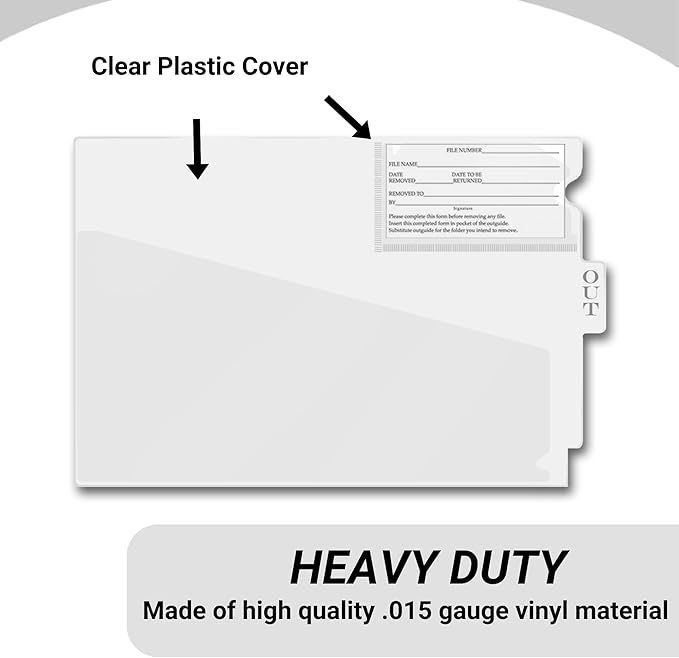 Doctor Stuff - Center Tab Vinyl Out Guides, Diagonal Cut Front Pocket, Top Charge Out Slip Pocket, Plastic File Folder, Letter Size 9" x 13-1/4", Frosty Clear, 100/Box
