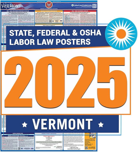 2025 Latest Vermont Labor Law Poster - State, Federal, OSHA Compliant - Workplace Required Posting for Employees - English Employment Poster- UV Laminated Waterproof - 26" x 39.5”- English